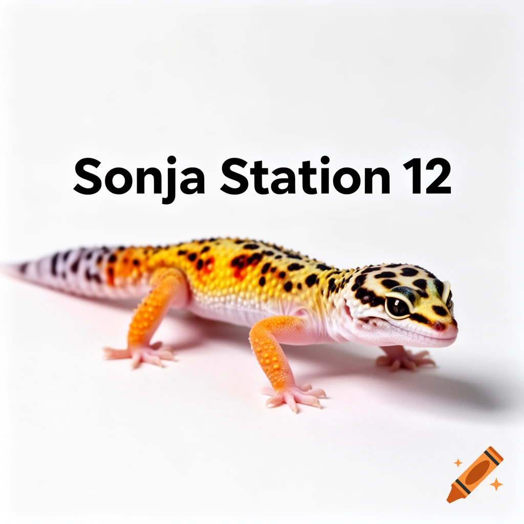 A photorealistic leopard gecko with orange and black spots on a white background, with "Sonja Station 12" text above.