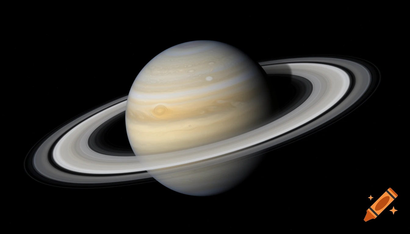 A realistic image of the planet Saturn with its prominent rings, set against the blackness of space.