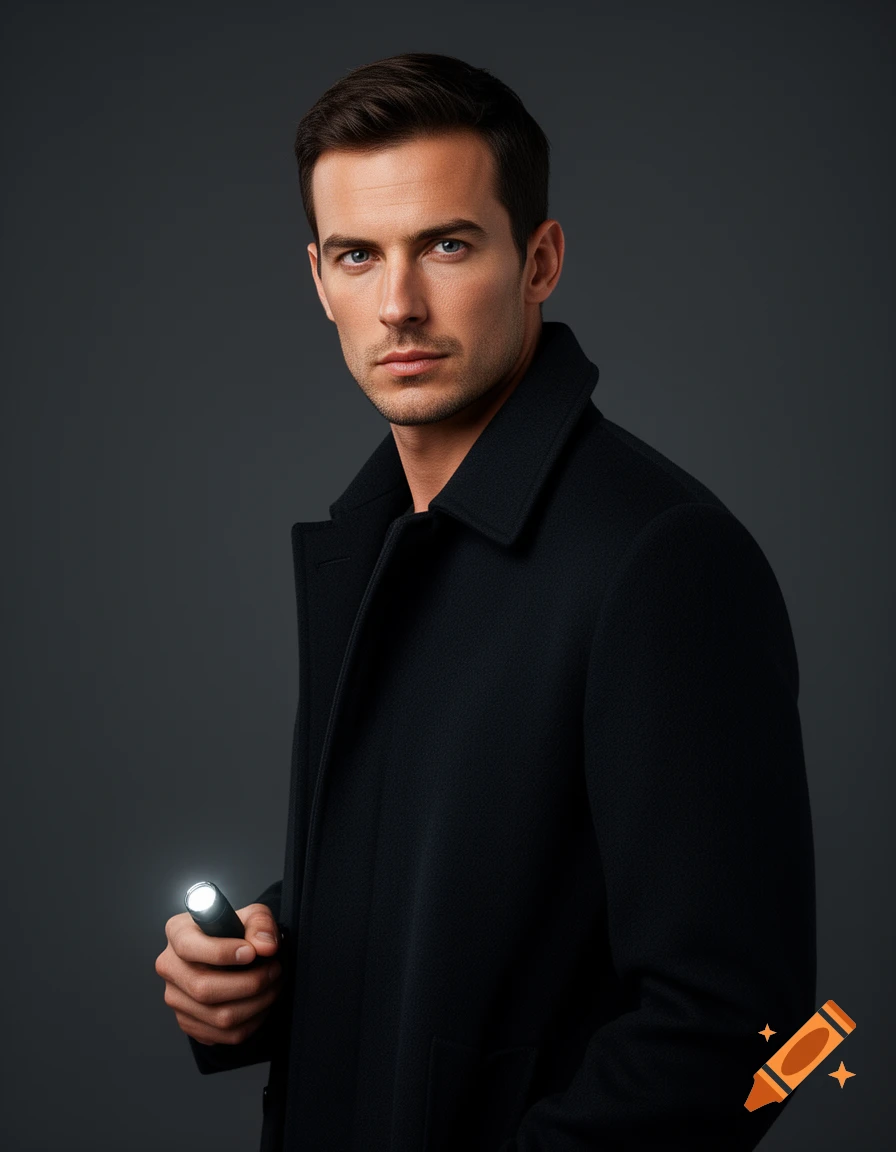 A realistic studio portrait of a man in a dark coat holding a flashlight, looking intently at the camera against a gray background.