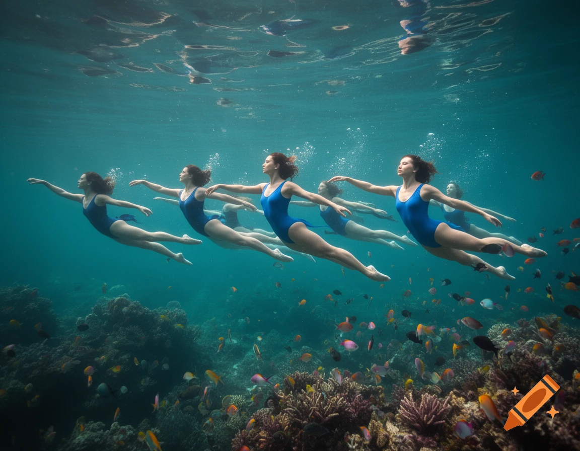 Multiple women in blue swimsuits elegantly swim underwater amidst a vibrant coral reef with many colorful fish.