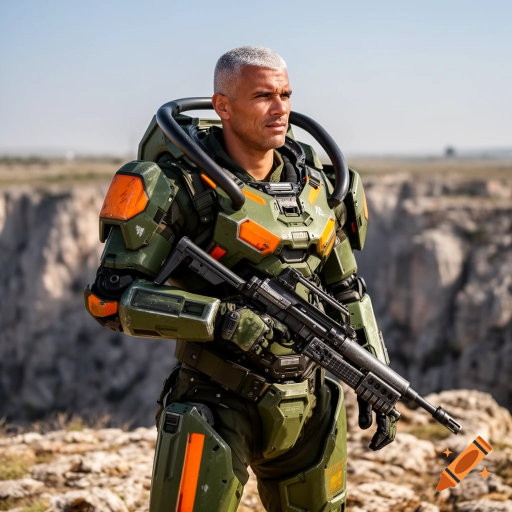 A tan-skinned man with a gray buzz cut wears bulky green and orange exoskeleton armor, holding a rifle in a desert landscape.