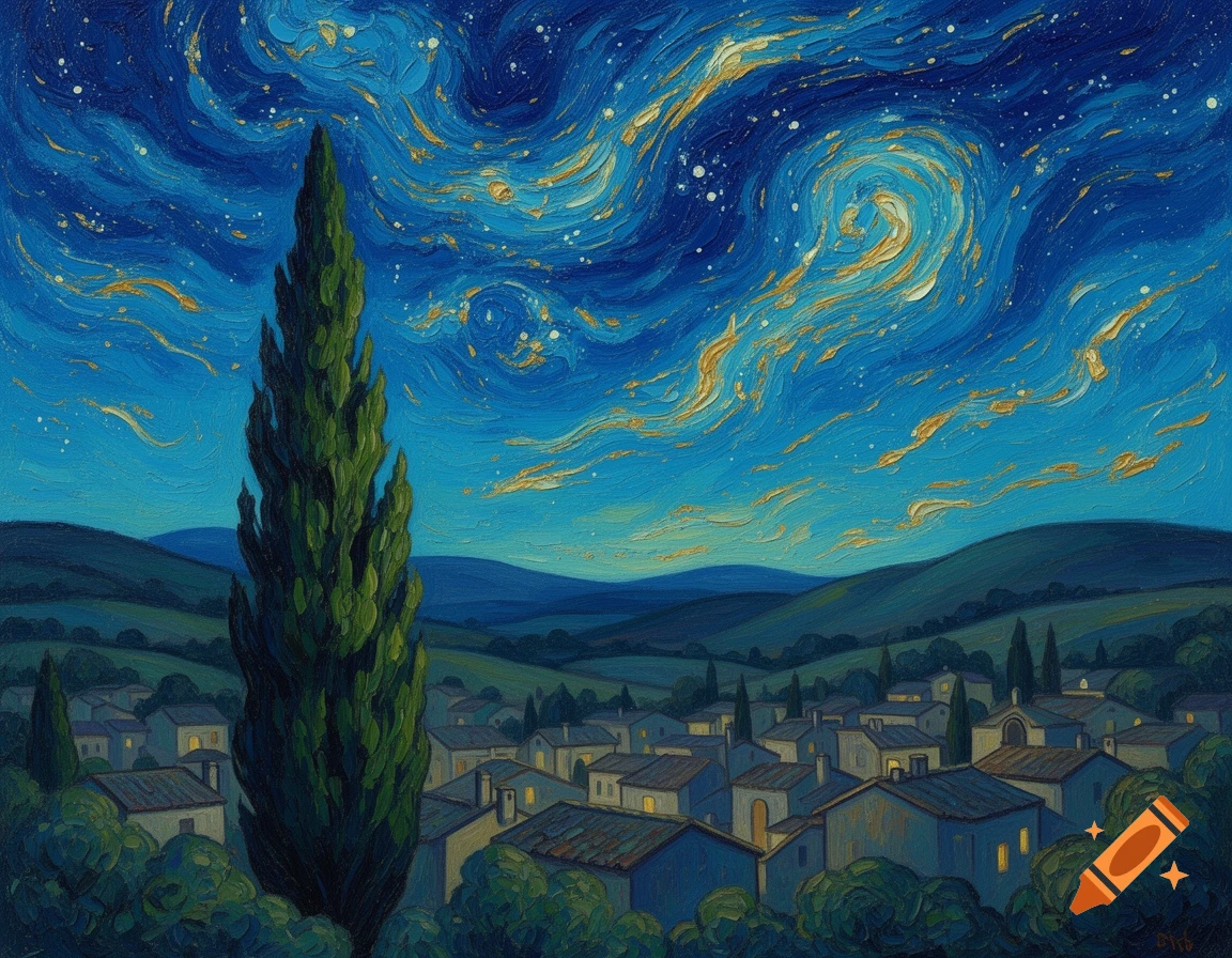 Oil painting of a tall cypress tree overlooking a quiet village under a starry night sky with swirling blue and gold patterns.