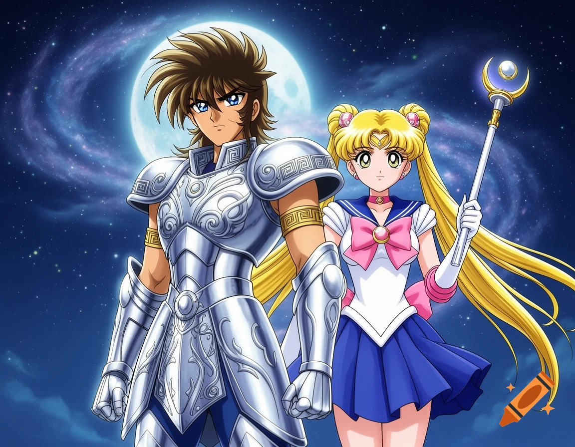 Anime characters Saint Seiya in silver armor and Sailor Moon with a staff stand before a large moon and starry sky.