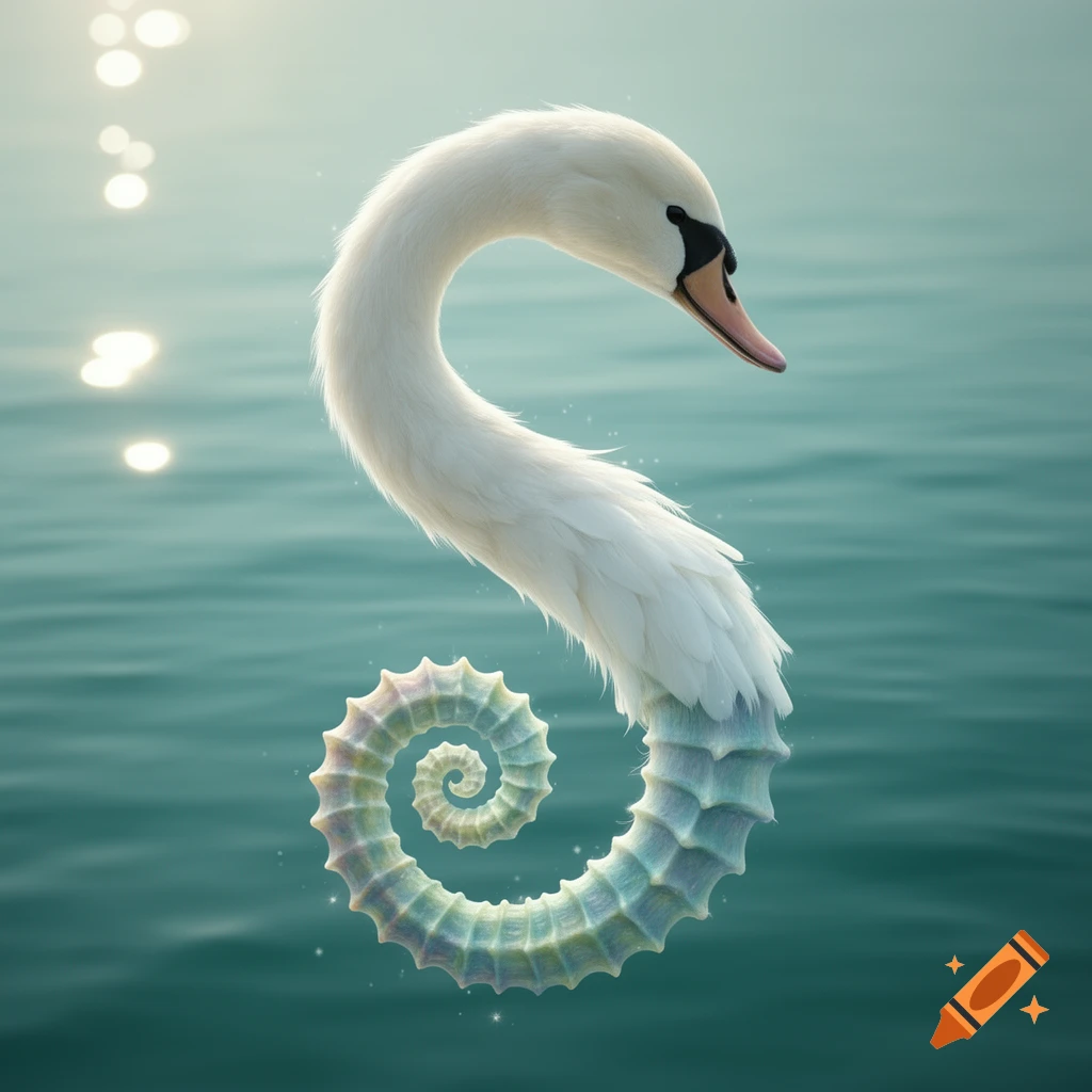 A white swan body with a pastel, spiraled seahorse tail forms the letter 'S' on tranquil blue water, with sun reflections.