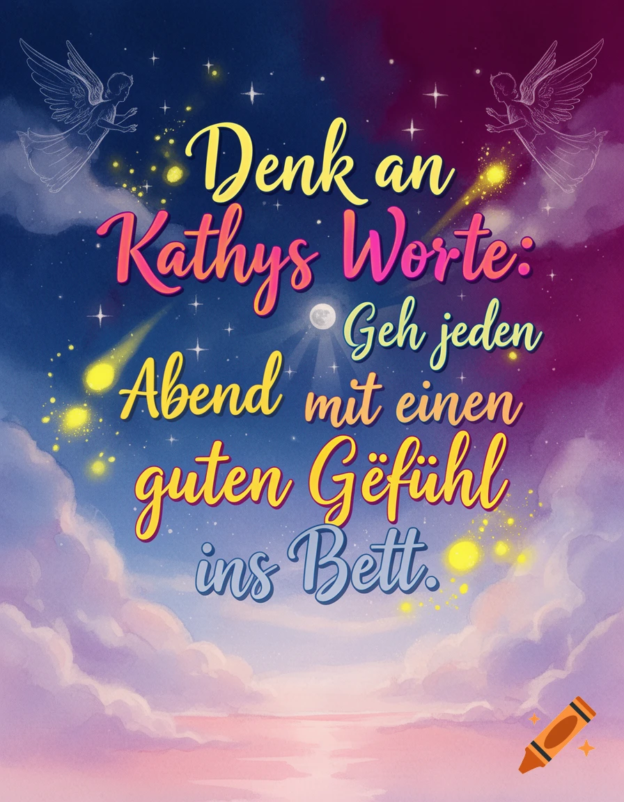 Colorful poster with the German text 'Denk an Kathys Worte: Geh jeden Abend mit einem guten Gefühl ins Bett' against a night sky with clouds, stars, moon, and angels.