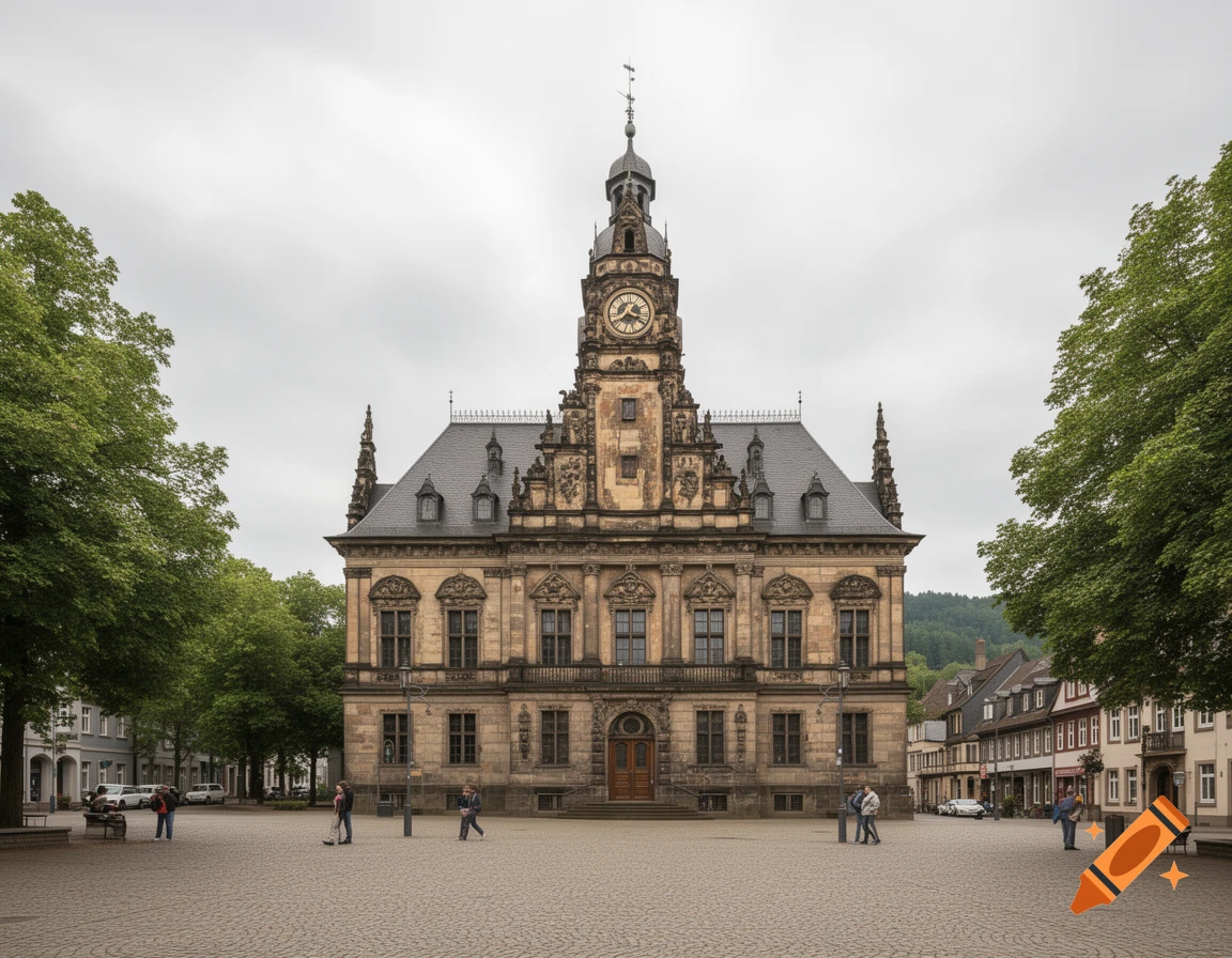 Ornate historic town hall with a clock tower in a cobblestone square, surrounded by trees and buildings under an overcast sky.