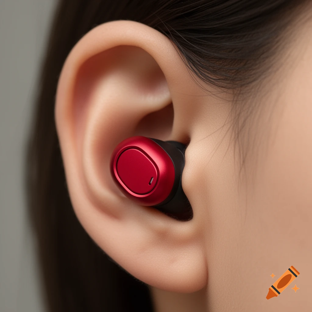 Close-up of a person's ear with a modern red and black in-ear earbud comfortably placed inside.