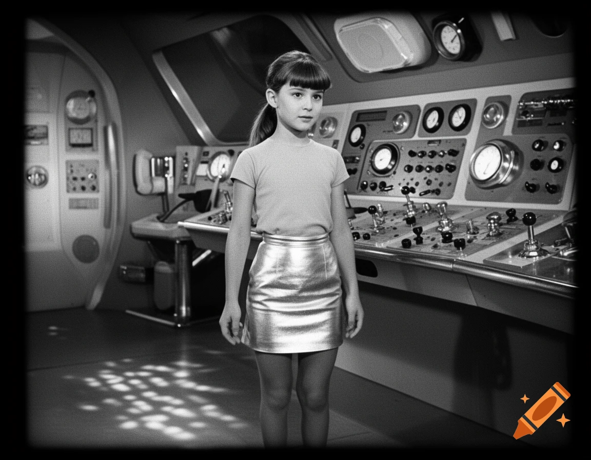 A young girl with a ponytail and bangs in a short silver skirt stands in a 1950s black and white spaceship control room.