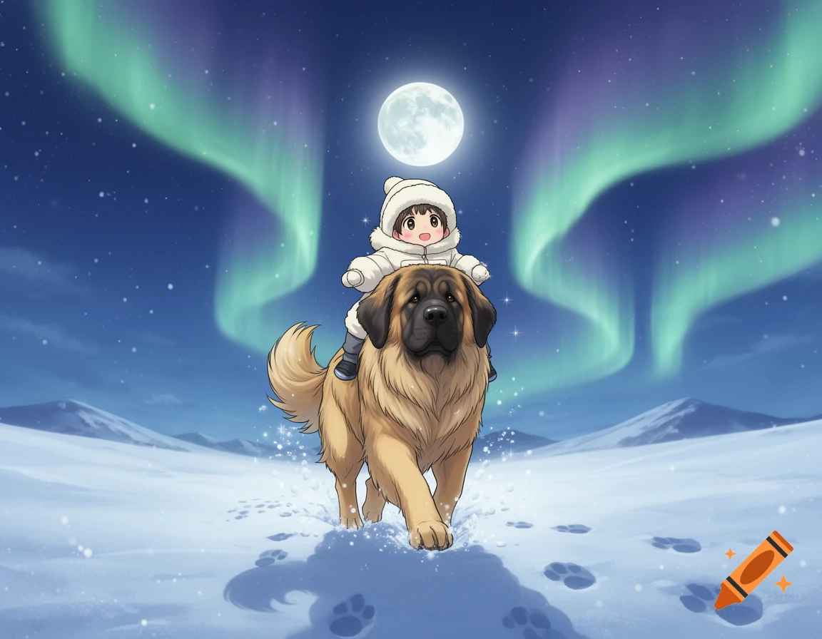 A tiny anime child in a winter suit rides a large Leonberger dog through a snowy landscape under a full moon and vibrant green and purple auroras.