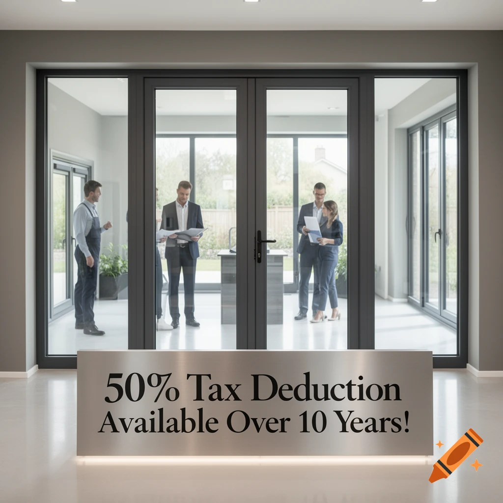 Modern interior with large glass doors, people discussing documents, and a sign advertising '50% Tax Deduction Available Over 10 Years!'.