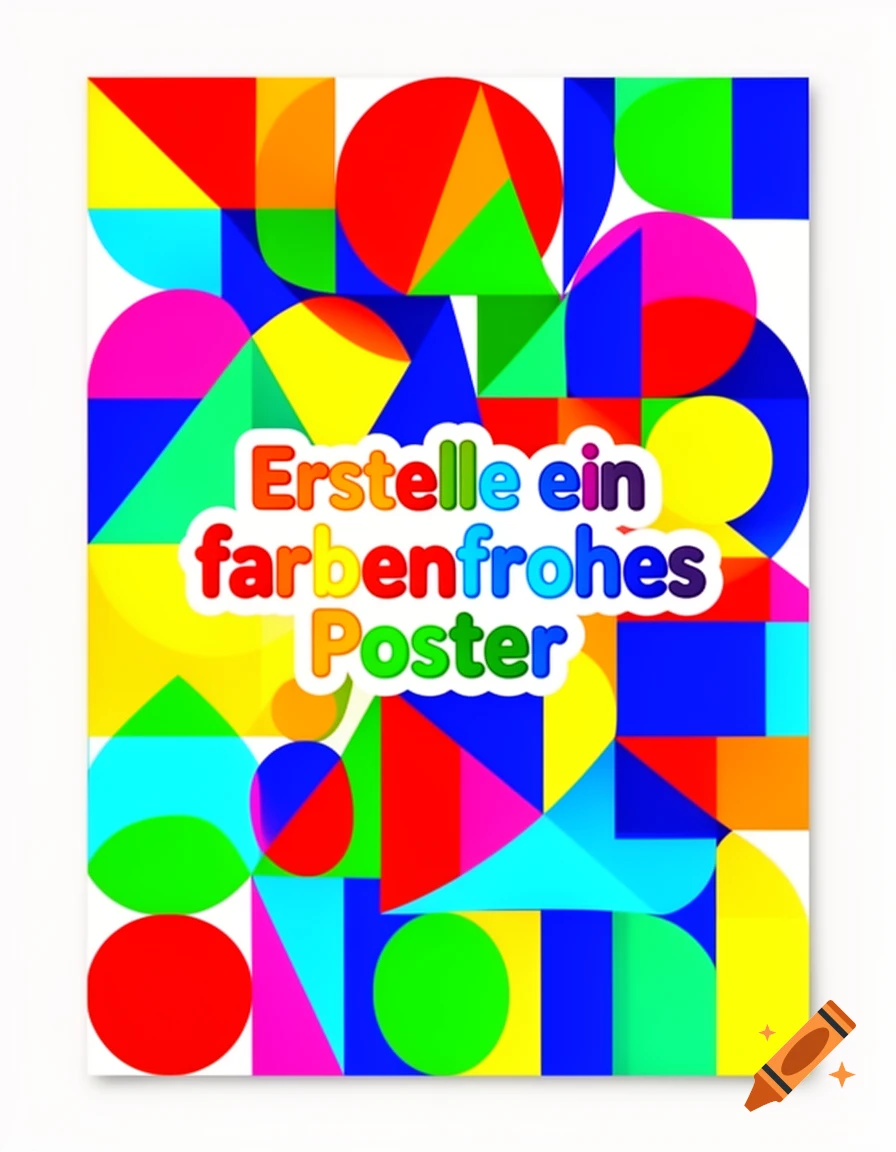 A vibrant poster with abstract geometric shapes in red, blue, yellow, green, pink, and orange, displaying the text 'Erstelle ein farbenfrohes Poster'.