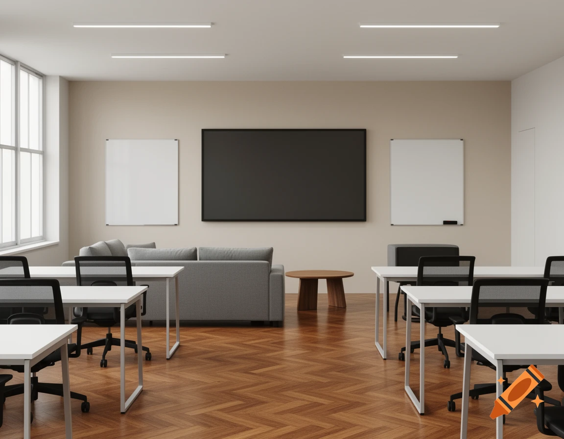 A modern classroom with white tables, black chairs, gray sofas, a large screen, two whiteboards, and a herringbone wood floor.