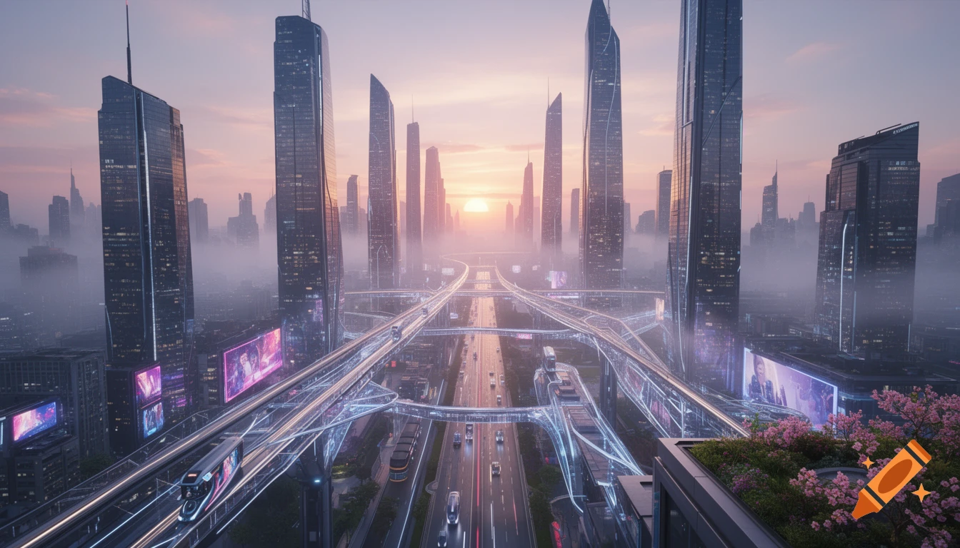 A futuristic cityscape at sunrise, with towering skyscrapers and complex elevated light rail tracks curving over a multi-lane highway, all shrouded in a soft morning mist. Pink flowers bloom on a rooftop in the foreground.