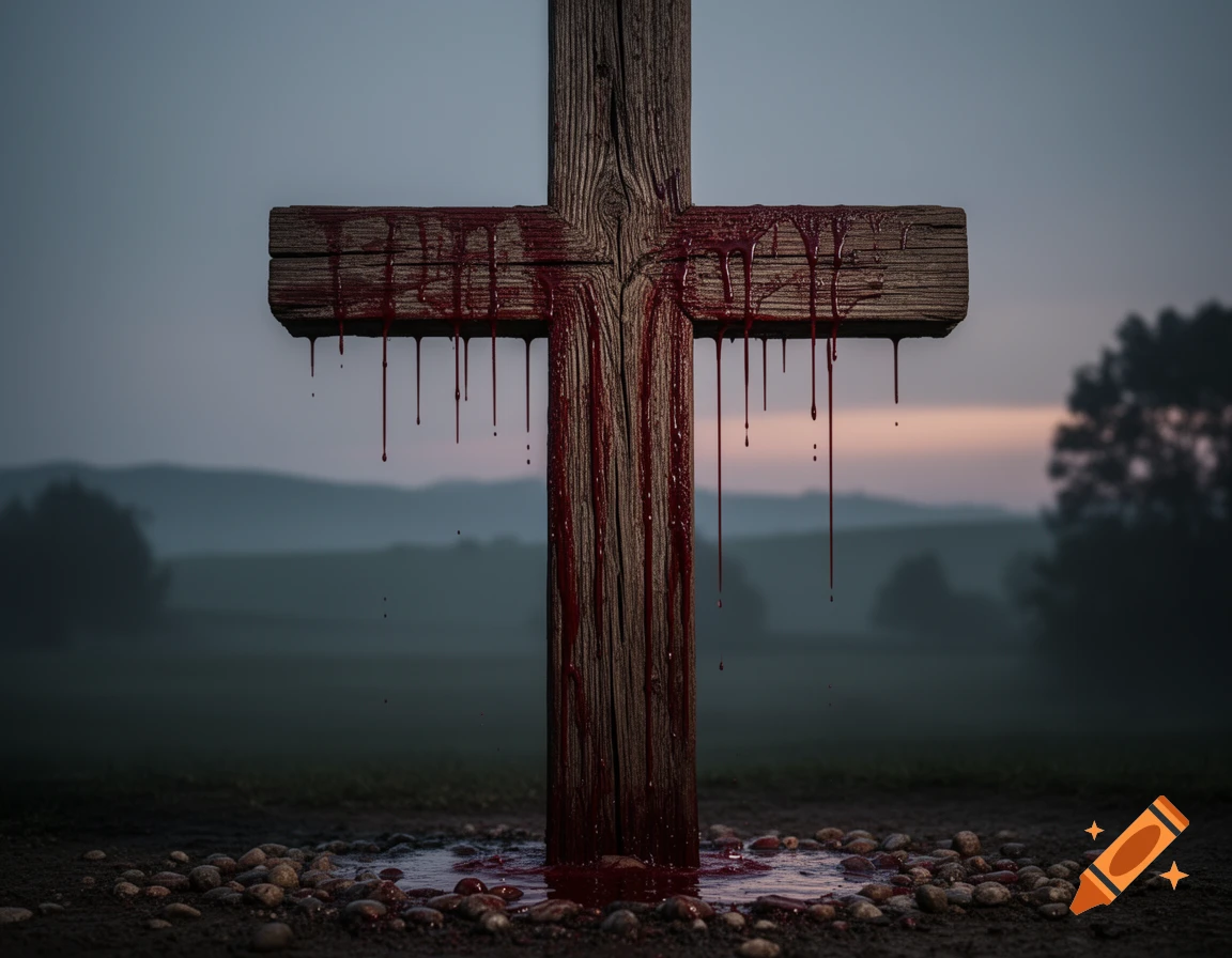 A blood-stained wooden cross stands in a desolate, misty landscape at dusk, with blood dripping into a pool surrounded by pebbles.