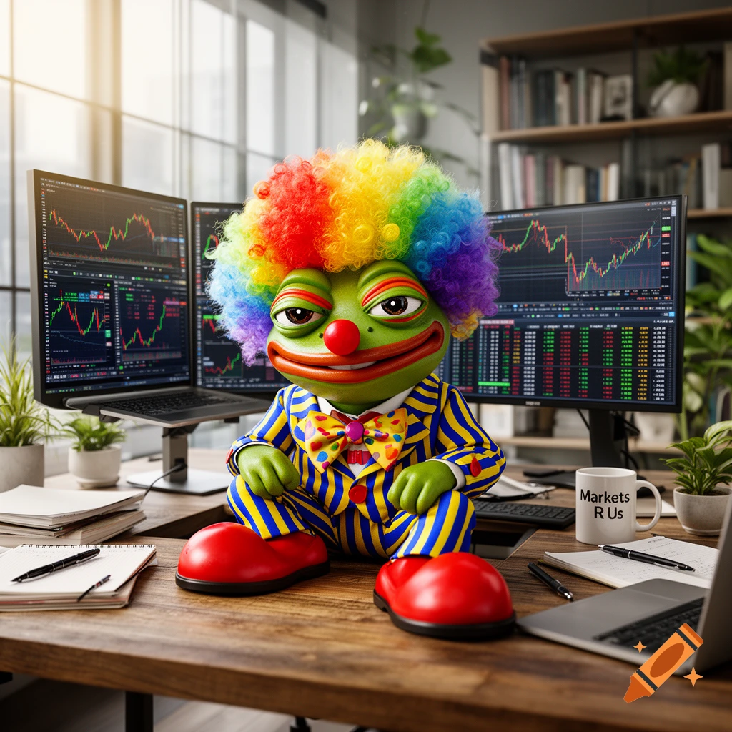 A cartoon frog clown with a rainbow wig sits on an office desk surrounded by multiple monitors displaying stock charts and a 'Markets R Us' mug.