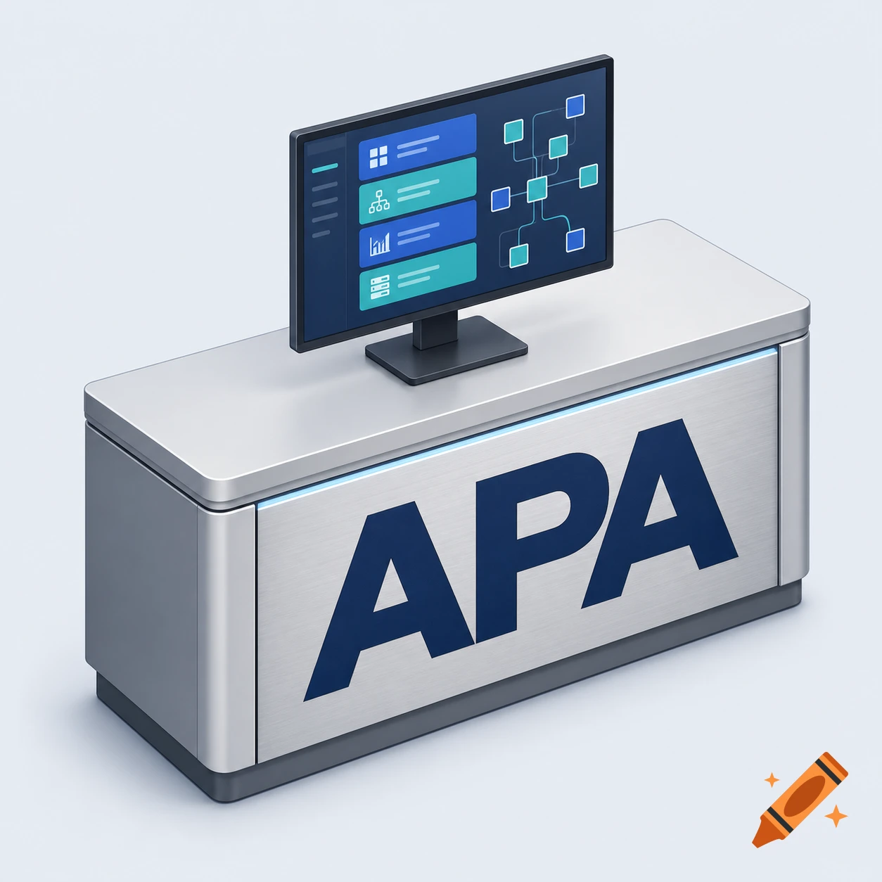 Isometric illustration of a minimalist desk with a monitor displaying abstract data and large 'APA' text on its front.