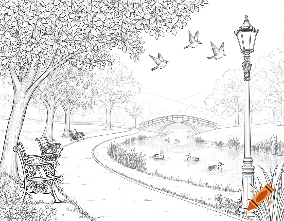 Line art sketch of a park with a winding path, benches, a pond with ducks, a bridge, flying birds, and a lamppost.