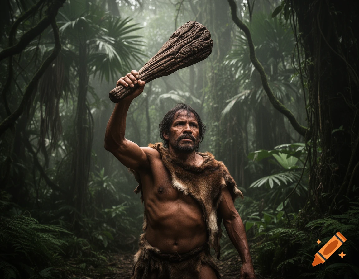 A muscled man in animal furs raises a wooden club in a misty jungle.