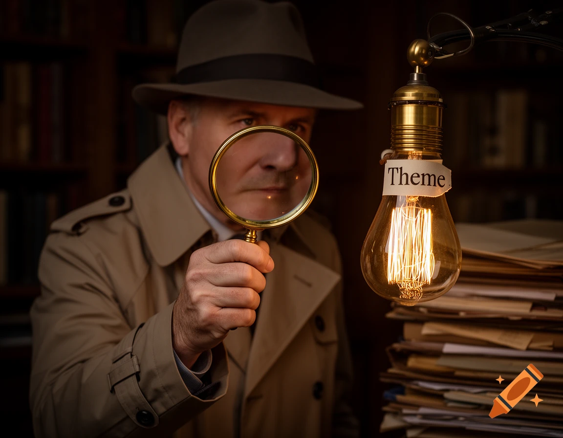 A man in a fedora and trench coat holds a magnifying glass towards a glowing lightbulb labeled "Theme" in a dim library.