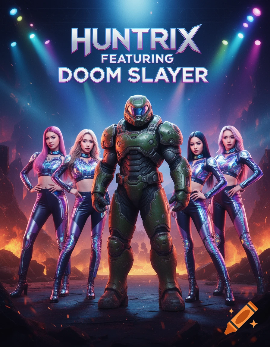 Doom Slayer and four women in futuristic outfits on a stage under spotlights, against a fiery backdrop, with 'HUNTRIX FEATURING DOOM SLAYER' text.