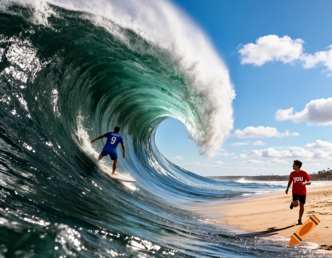 A surfer in a blue jersey rides a giant blue-green wave, while a person runs on the sunny beach, photorealistic.