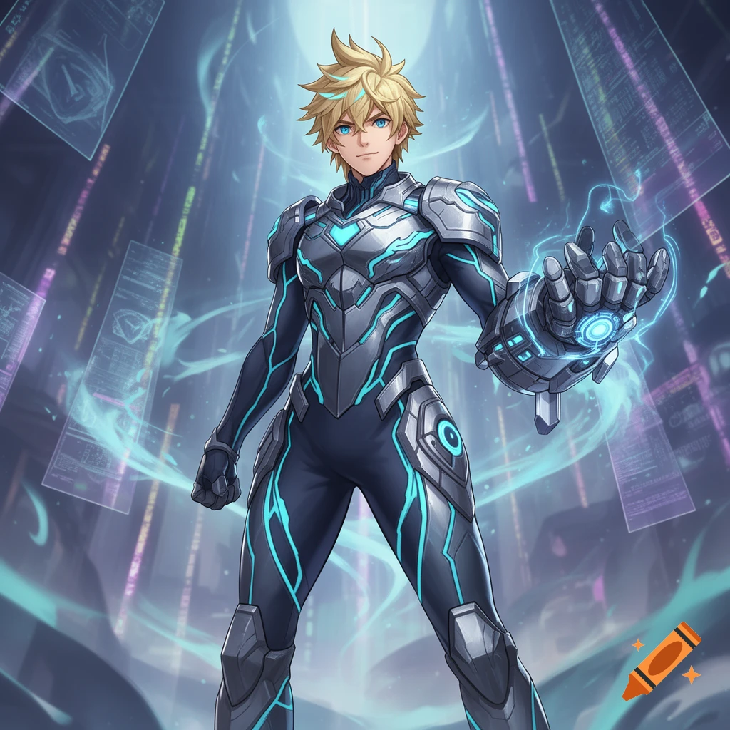 Anime male character with spiky blonde hair, blue eyes, and futuristic grey and neon blue armor, standing in a digital sci-fi environment.