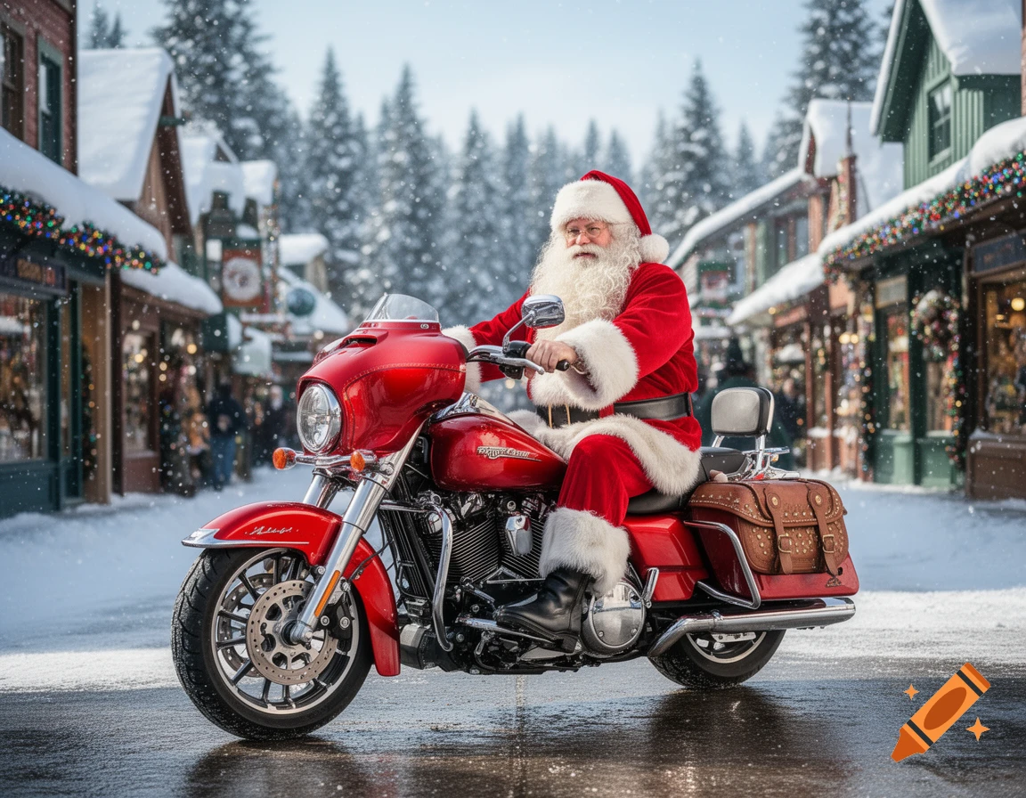 Santa Claus in a red suit and hat rides a red motorcycle on a snow-covered street in a festive village, surrounded by decorated shops and pine trees.
