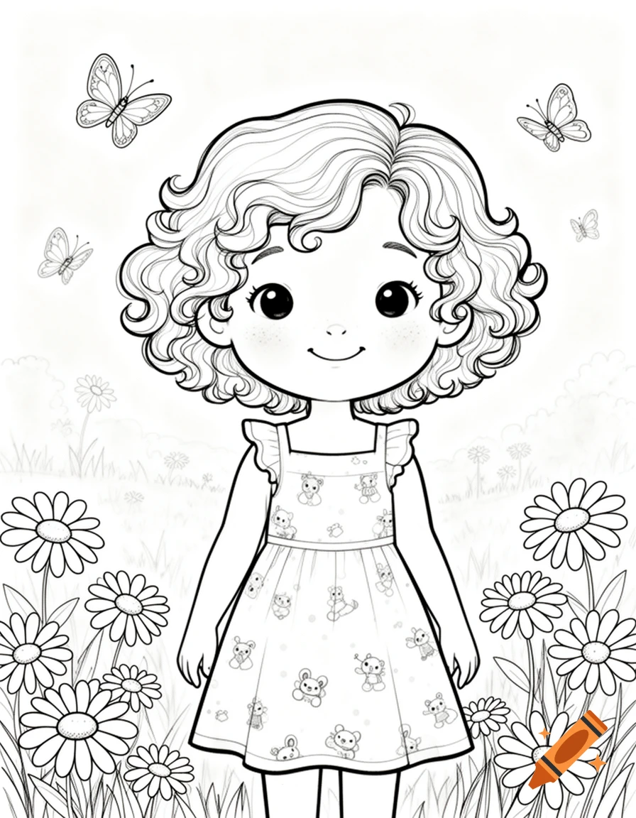 Black and white outline drawing of a smiling cartoon girl with curly hair in a dress, standing in a field of daisies with butterflies, suitable for coloring.