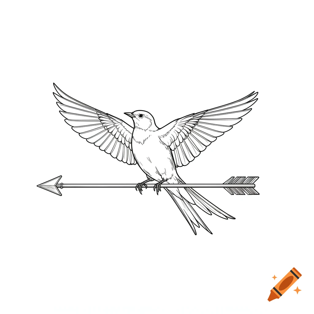 A simple black and white outline drawing of a bird with spread wings perched on a horizontal arrow pointing left.