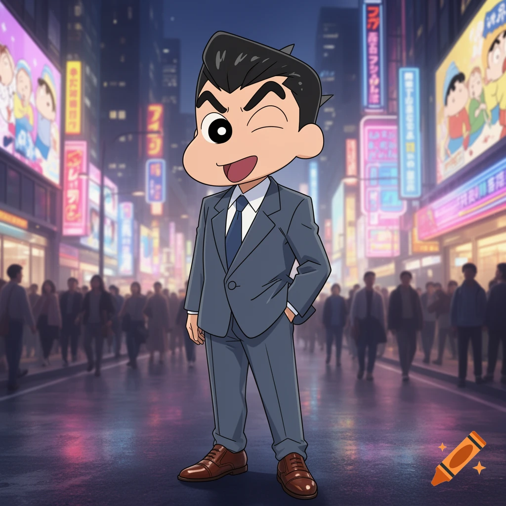Adult Shin-chan in a grey suit and tie winks on a neon-lit city street at night, anime style.