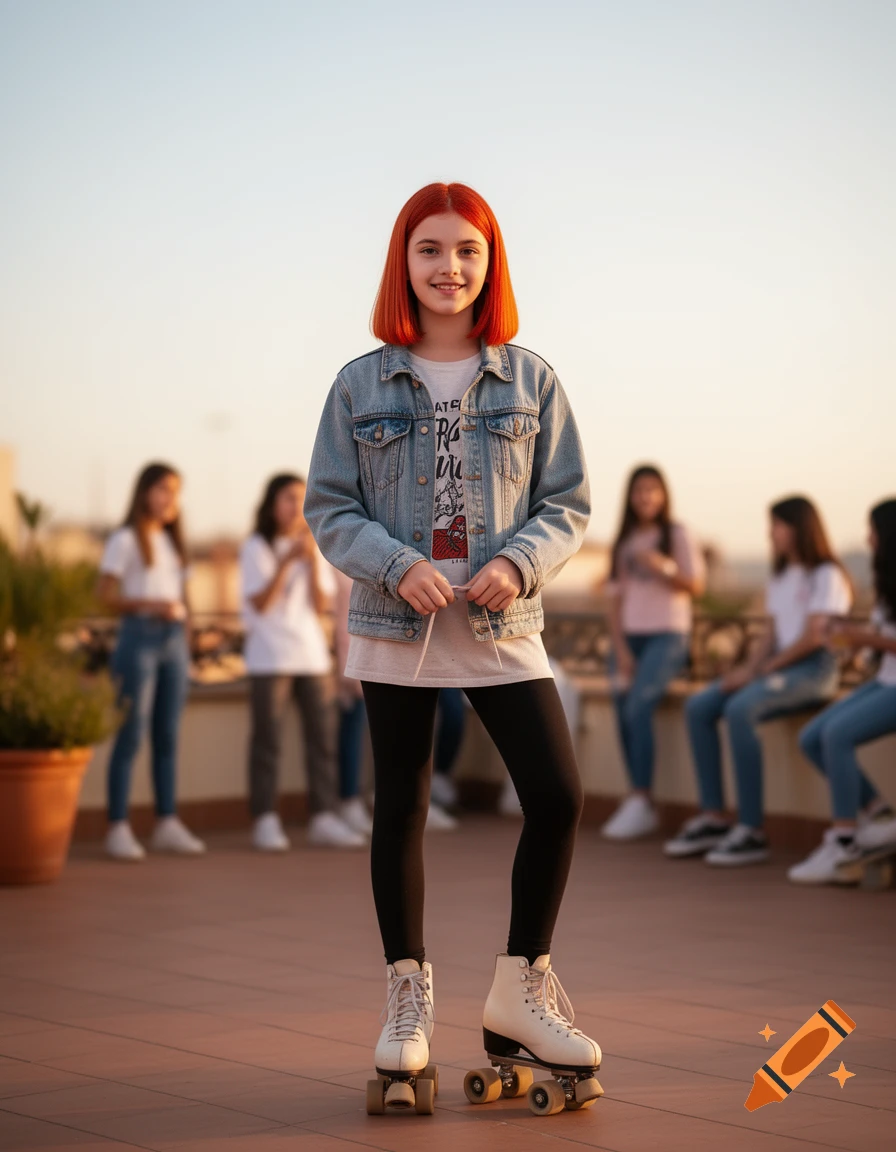 A smiling red-haired girl in a denim jacket and black leggings stands on white roller skates on a paved outdoor surface, with blurred figures in the background.