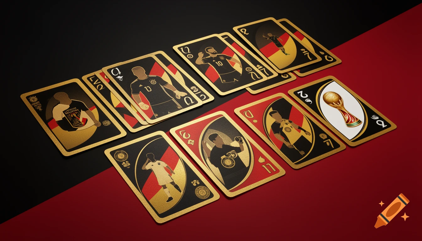 An array of stylized Uno-like playing cards with German flag colors and illustrations of soccer players and a trophy, laid out on a black and red surface.