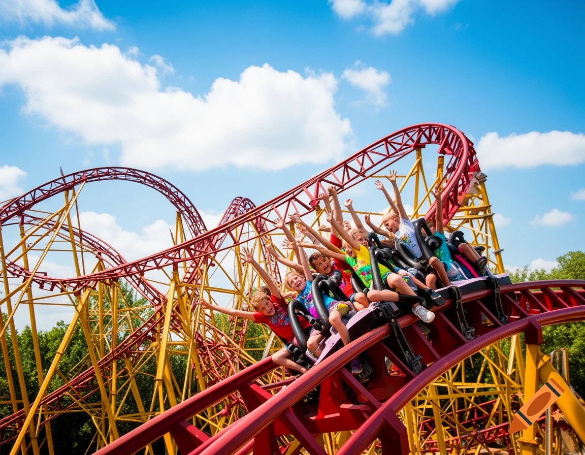 Children with arms raised, smiling on a red and yellow rollercoaster against a blue sky, photorealistic style.