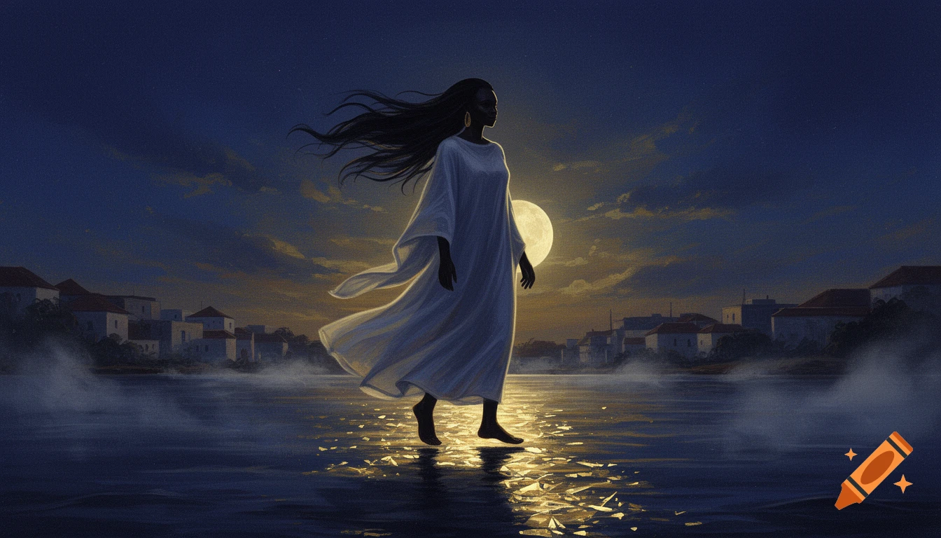 A silhouette of a West African woman in a white robe walks on moonlit water at night, with buildings and mist in the background. Digital painting.