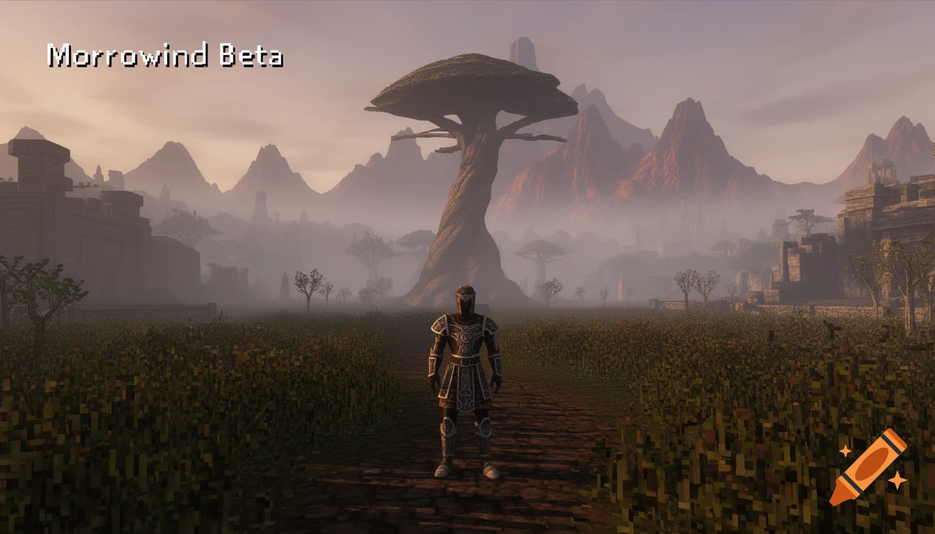 A fantasy landscape with an armored figure on a path, leading to a twisted tree. Distant mountains and buildings are shrouded in mist. "Morrowind Beta" text is visible.