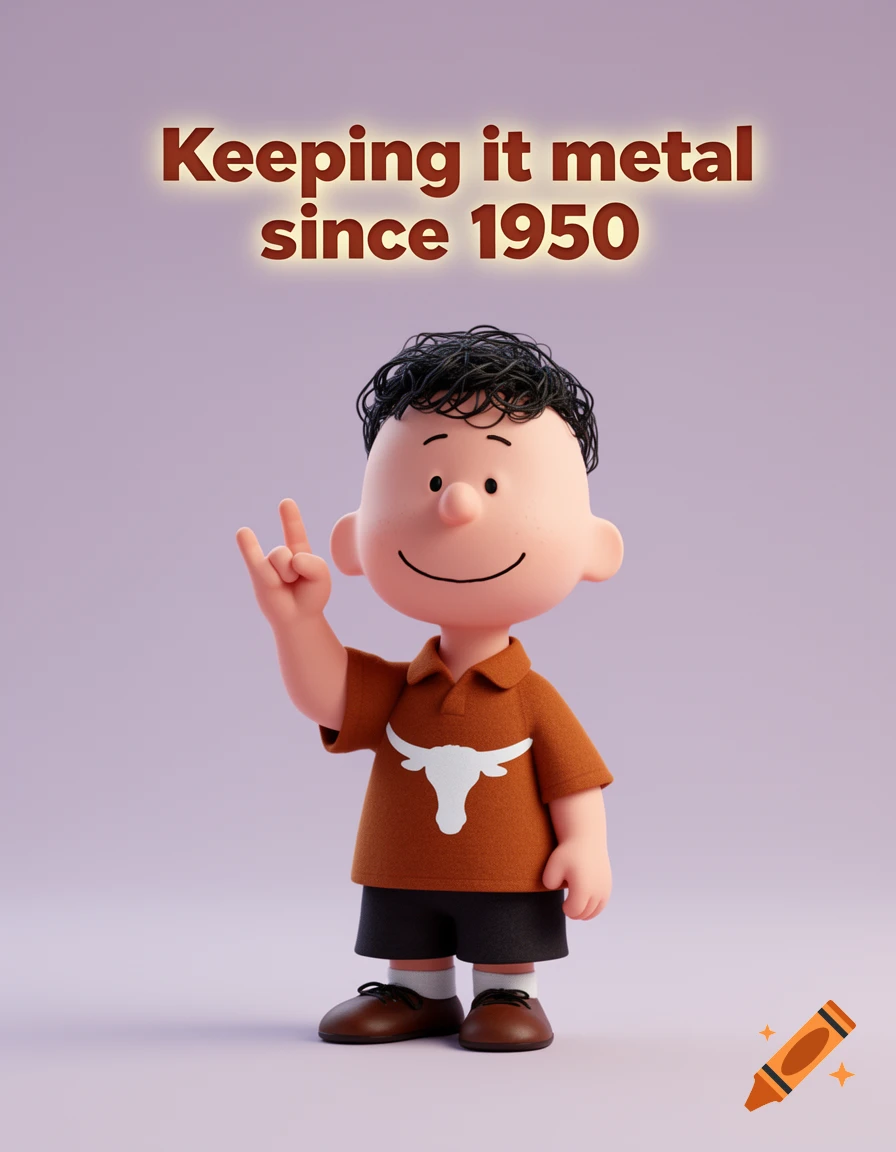 3D render of Schroeder from Peanuts wearing a brown polo shirt with a longhorn logo, making a rock on hand gesture. Text 'Keeping it metal since 1950' glows above.