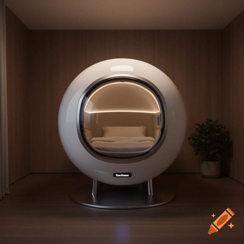 A white spherical sleeping pod with a bed inside, illuminated, sits on a metal base in a minimalist room with wood walls.