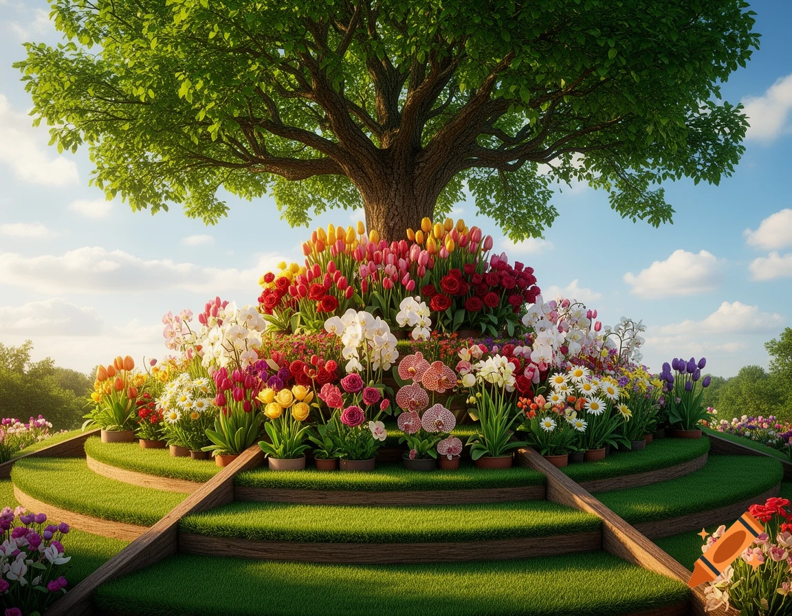 A photorealistic image of a large green tree surrounded by a terraced garden with lush grass and colorful flowers.