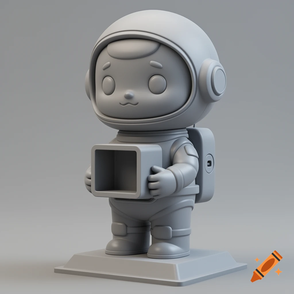A grayscale 3D model of a cute chibi astronaut holding a rectangular slot on its chest, standing on a flat base.