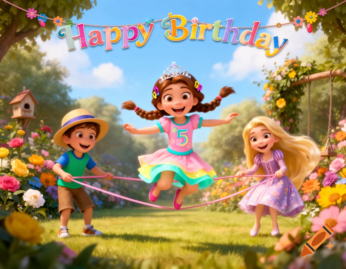 Three animated children play jumprope in a sunny, colorful garden under a 'Happy Birthday' banner, in a Disney art style.