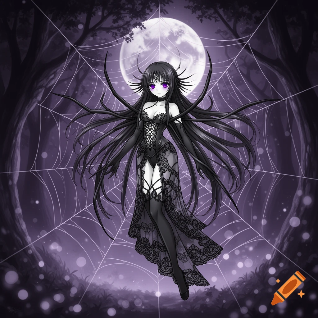 An anime goth spider girl with long black hair and purple eyes, wearing a black lace dress, stands in a dark forest under a full moon and spiderwebs.