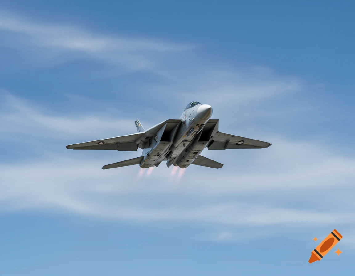 A white F-14 Tomcat fighter jet with afterburners firing ascends into a blue sky with wispy clouds.