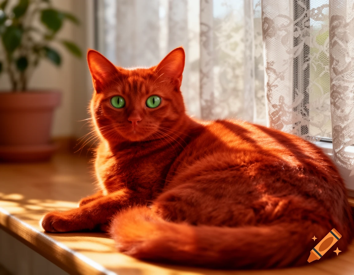 A reddish-orange cat with bright green eyes lies on a sunlit wooden surface next to a window with lace curtains.