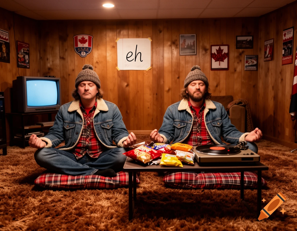 Two men meditate cross-legged in a retro, wood-paneled room with Canadian decor, a record player, and snacks.
