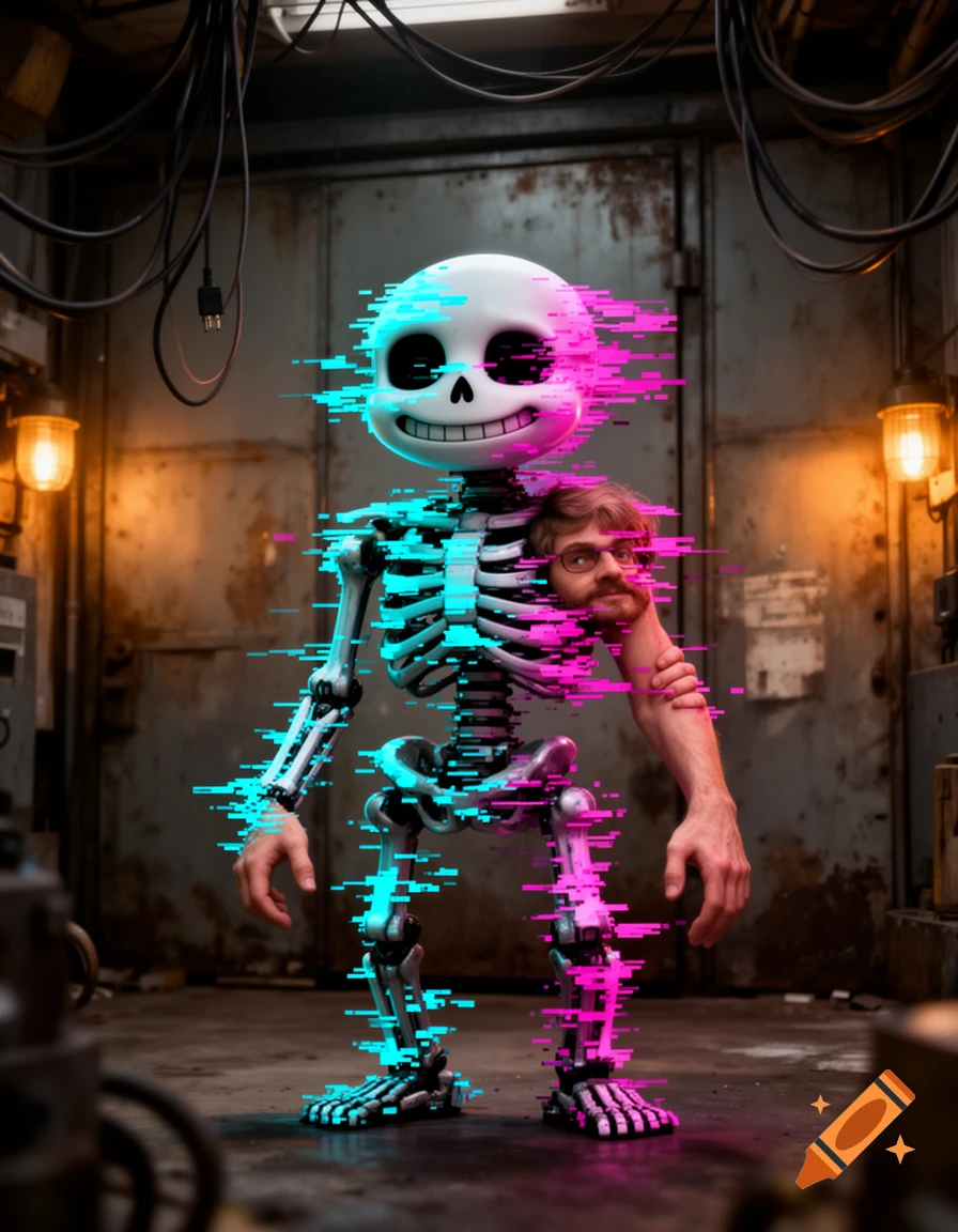 Glitched skeleton with a human head and arm, pixelated in cyan and magenta, in an industrial room.