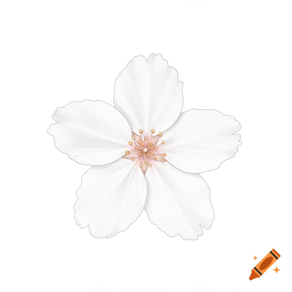 A white, five-petaled cherry blossom flower with a pink and gold center, isolated on a white background.
