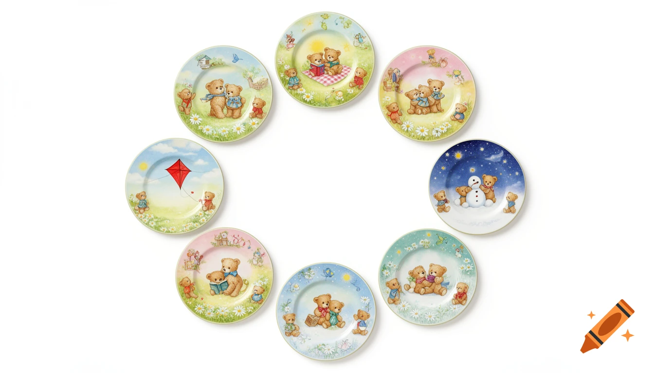 Eight colorful illustrated plates with nostalgic teddy bear motifs on a white background.