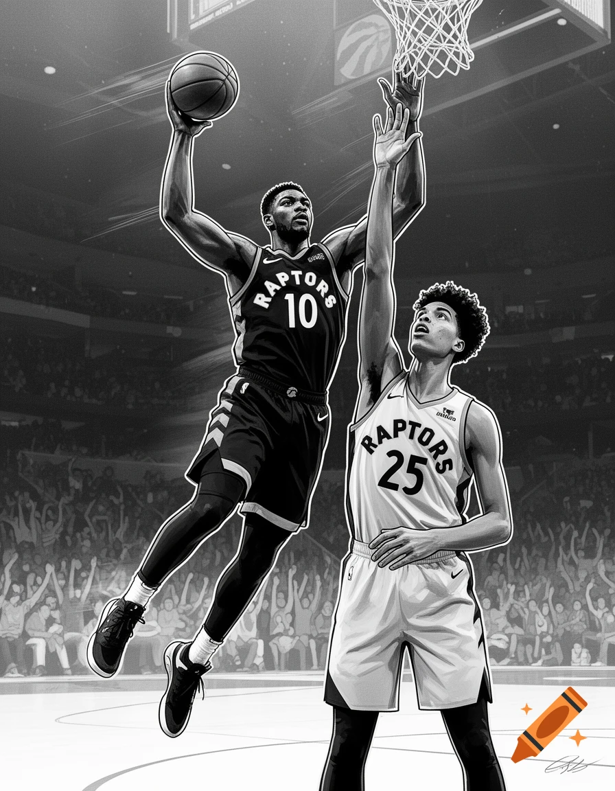 Black and white illustration of two basketball players, one jumping to block a shot near the hoop, the other extending his arm.