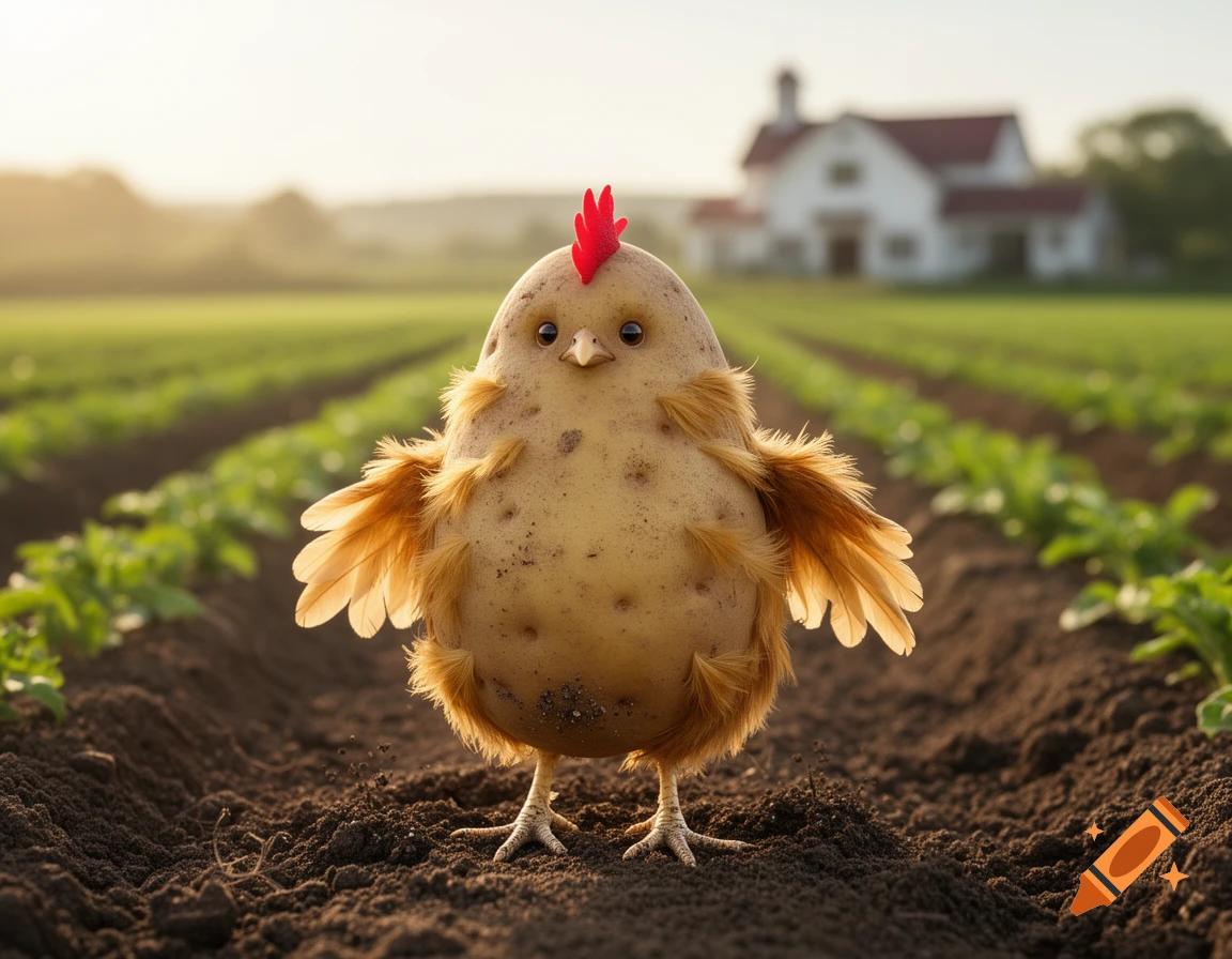 A whimsical potato-chicken with feathers and a comb stands in a sunlit farm field with a farmhouse in the background.