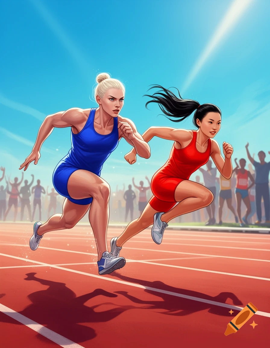 Two female sprinters, one blonde in blue and one Asian in red, race on a red track with a crowd in the background in an illustrative style.